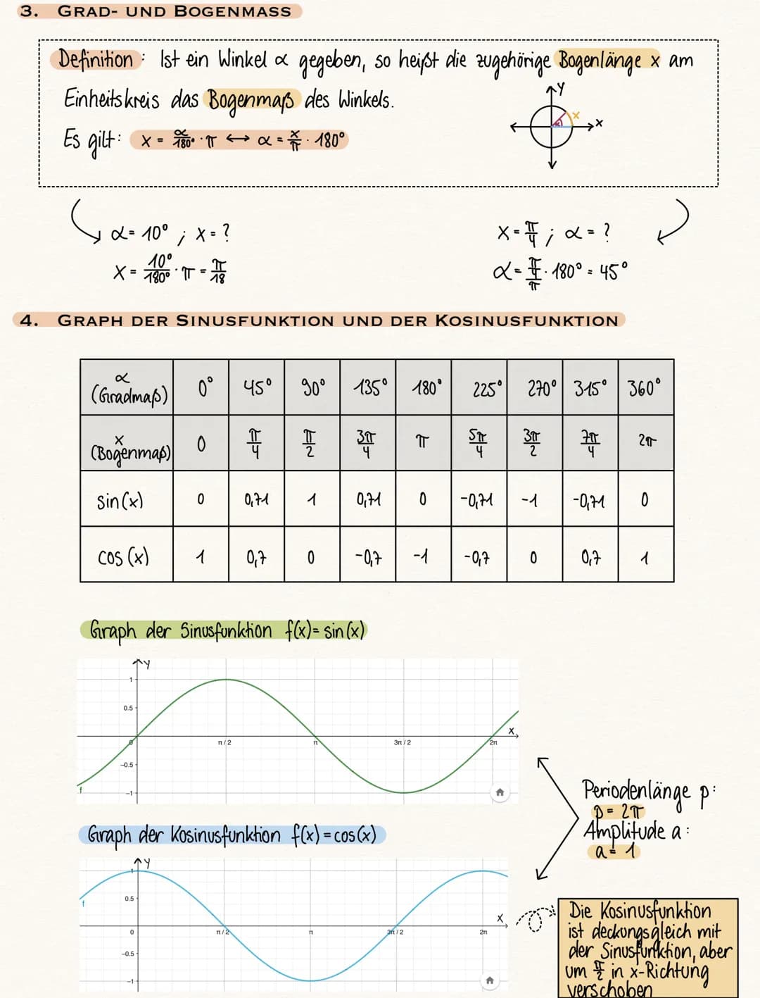 1.
2.
TRIGONOMETRIE
SINUS UND KOSINUS IM RECHTWINKLIGEN DREIECK
Sin
=
Gegenkathete
Hypotenuse
a
A
Sin +
COS -
Kathete
III. Quadrant
Sin -
CO