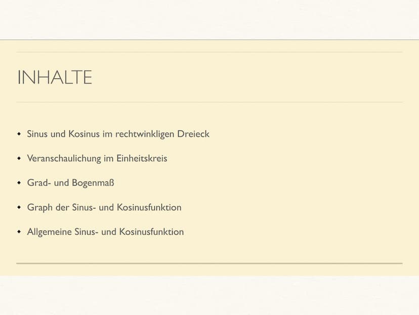 1.
2.
TRIGONOMETRIE
SINUS UND KOSINUS IM RECHTWINKLIGEN DREIECK
Sin
=
Gegenkathete
Hypotenuse
a
A
Sin +
COS -
Kathete
III. Quadrant
Sin -
CO