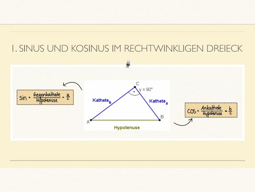 1.
2.
TRIGONOMETRIE
SINUS UND KOSINUS IM RECHTWINKLIGEN DREIECK
Sin
=
Gegenkathete
Hypotenuse
a
A
Sin +
COS -
Kathete
III. Quadrant
Sin -
CO