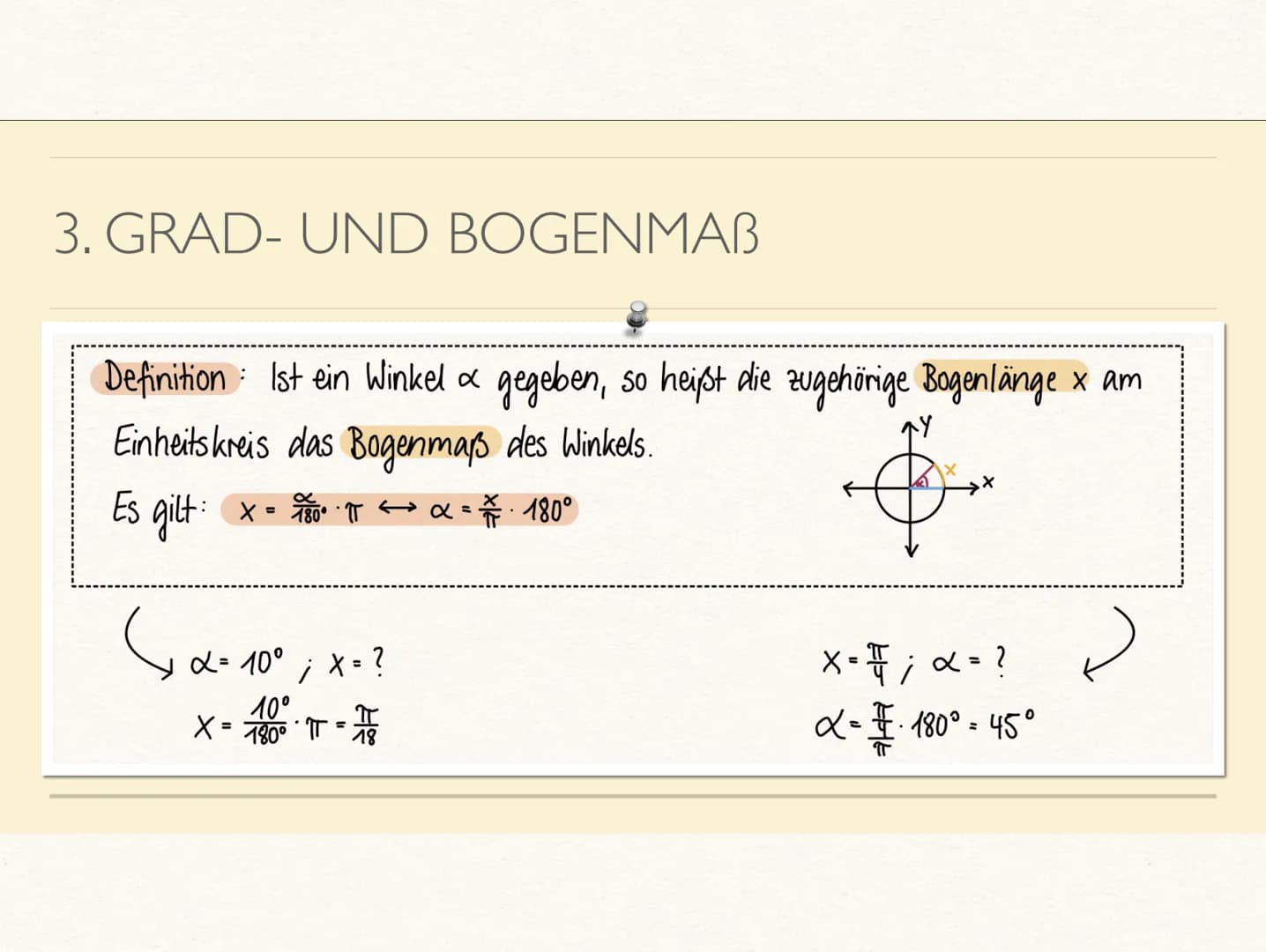 1.
2.
TRIGONOMETRIE
SINUS UND KOSINUS IM RECHTWINKLIGEN DREIECK
Sin
=
Gegenkathete
Hypotenuse
a
A
Sin +
COS -
Kathete
III. Quadrant
Sin -
CO