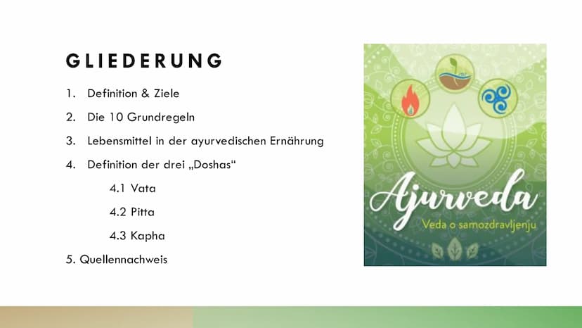 Definition
= die Wissenschaft vom langen Leben
eine Gesundheitslehre aus dem indischen Kulturbereich
Ziele: - soll die Gesundheit erhalten &