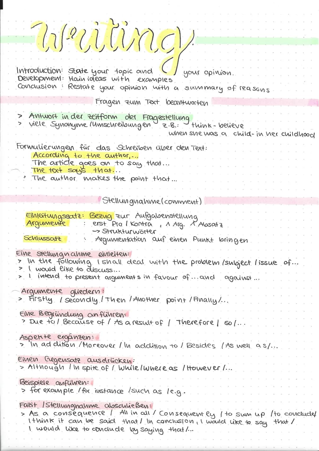 Writin
Introduction state your topic and your opinion.
Development: Main ideas with examples
Conclusion: Restate your opinion with a summary