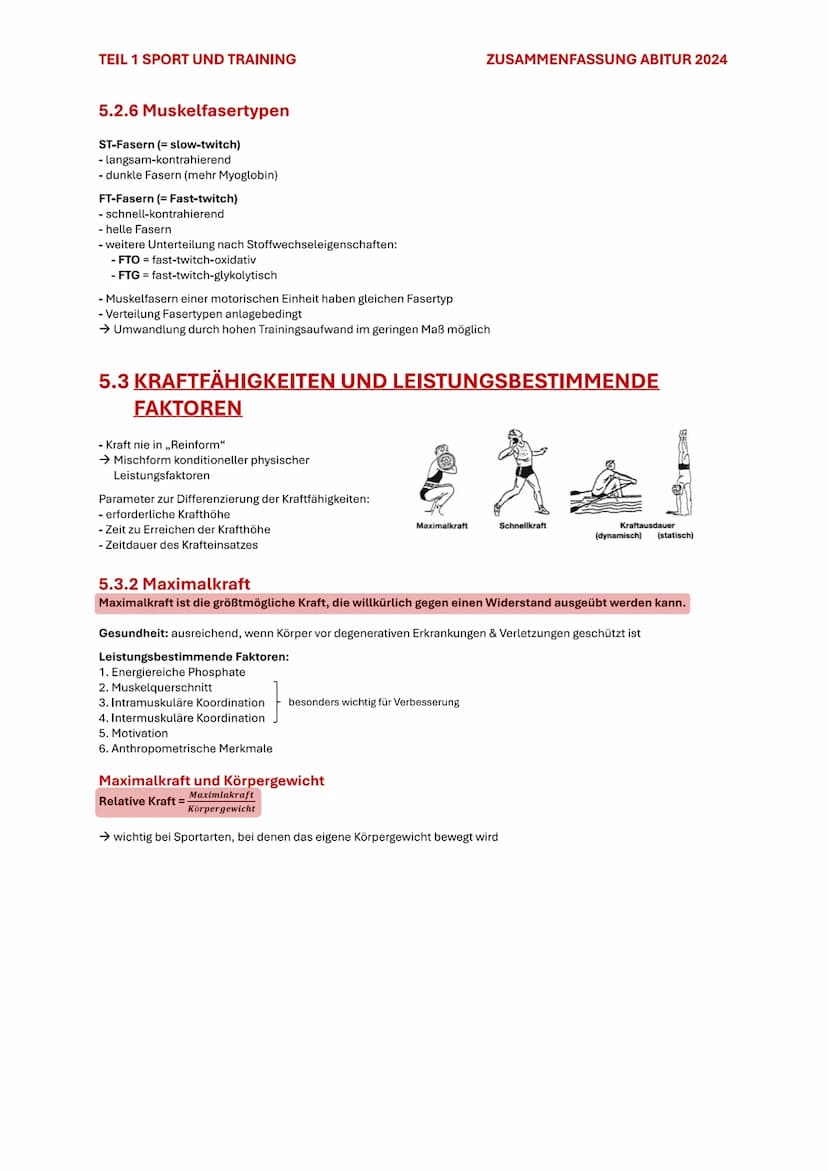 TEIL 1 SPORT UND TRAINING
5. KRAFT
ZUSAMMENFASSUNG ABITUR 2024
5.1 BEDEUTUNG DER KRAFT
Kraft im biologischen Sinne ist die Fähigkeit des Ner
