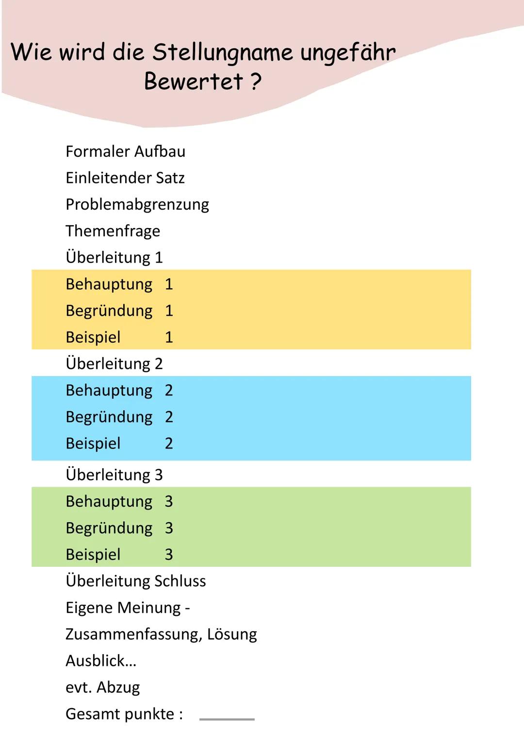 Stellungnahme
a) Inhalt
-> eigene Meinung zum Thema
-> entweder Pro oder Contra
b) Gliederung
1. Einleitung
2. Hauptteil (Behauptung These)
