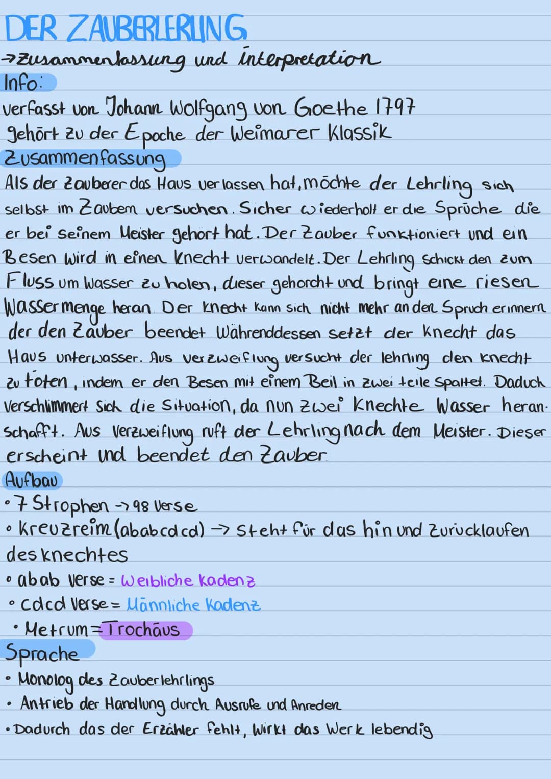 DER ZAUBERLERLING
→ Zusammenfassung und interpretation
Info:
verfasst von Johann Wolfgang von Goethe 1797
gehört zu der Epoche der Weimarer 