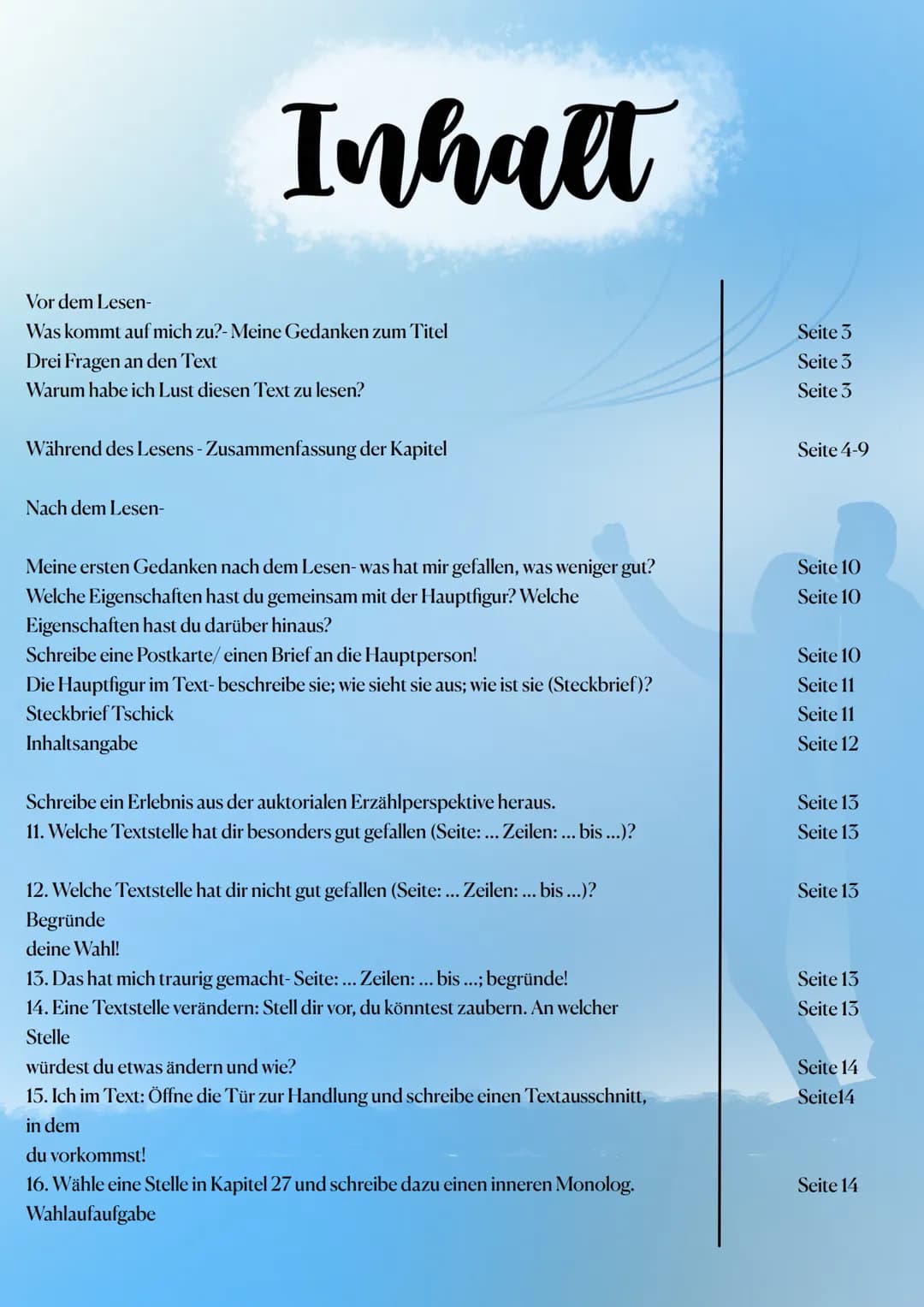 Lecetagebuch
10 Inhalt
Vor dem Lesen-
Was kommt auf mich zu?- Meine Gedanken zum Titel
Drei Fragen an den Text
Warum habe ich Lust diesen Te