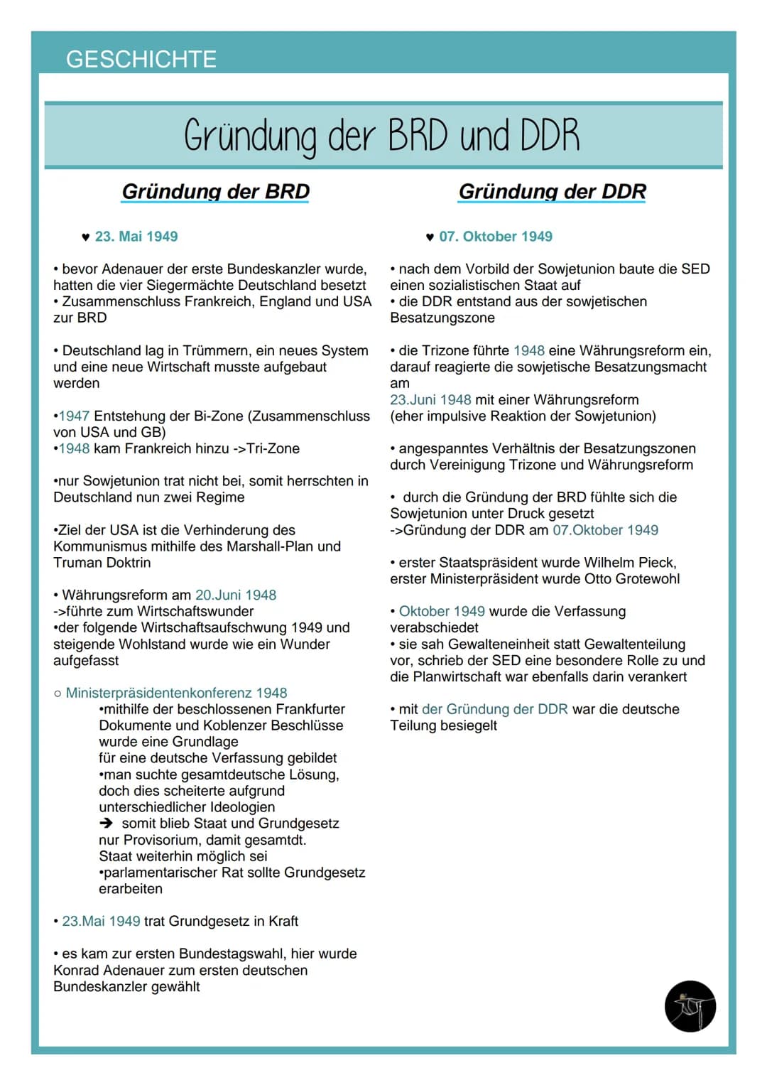 GESCHICHTE
Gründung der BRD und DDR
zur BRD
Gründung der BRD
♥ 23. Mai 1949
• bevor Adenauer der erste Bundeskanzler wurde,
hatten die vier 