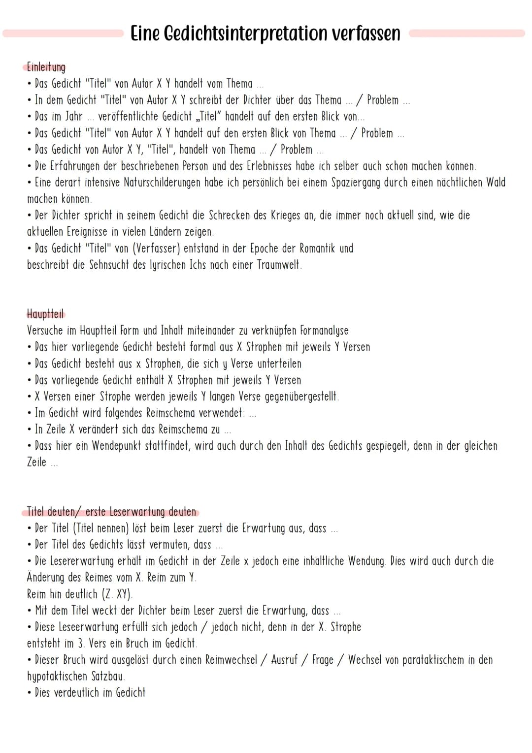 Eine Gedichtsinterpretation verfassen
Einleitung
Das Gedicht "Titel" von Autor X Y handelt vom Thema
.
In dem Gedicht "Titel" von Autor X Y 