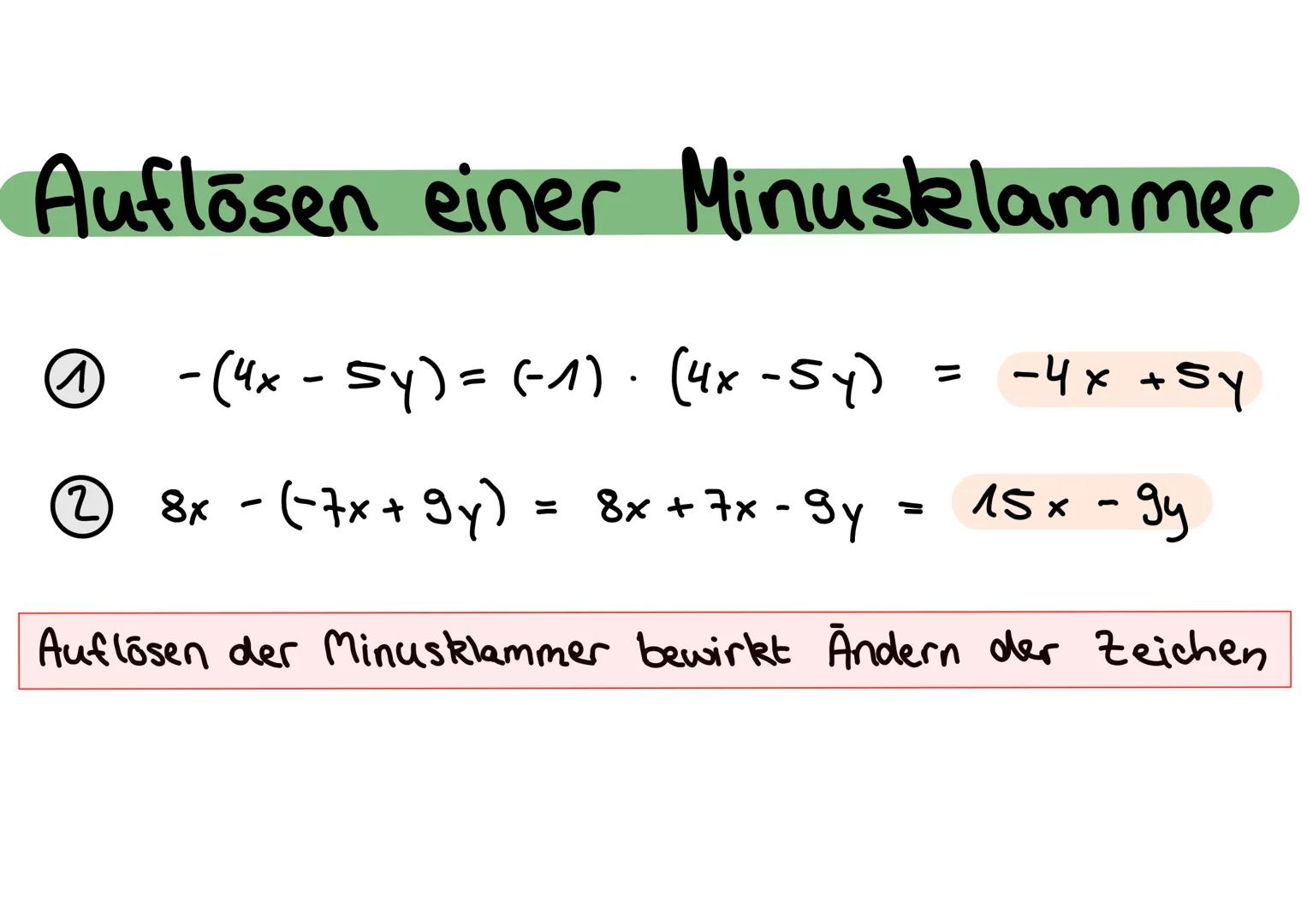 Auflösen einer Klammer
1) 7. (4* + 3y) = 7. 4x + 7. Зу
28x + глу
З
2) (- 2+) - (3y * 6+) = -2x . Зу * (-Zx) Gt
-6xy
+
12xt
– Auflösen einer 