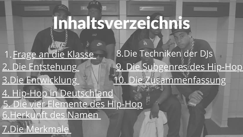 GH
BEASTIE
ANTIFA
108
ABC
any weak
Rap/Hip-
Hop
VON LENI UND LYKKA
M
PHOP!!
的 NW.A
Inhaltsverzeichnis
AVA
JA
1. Frage an die Klasse
2. Die E