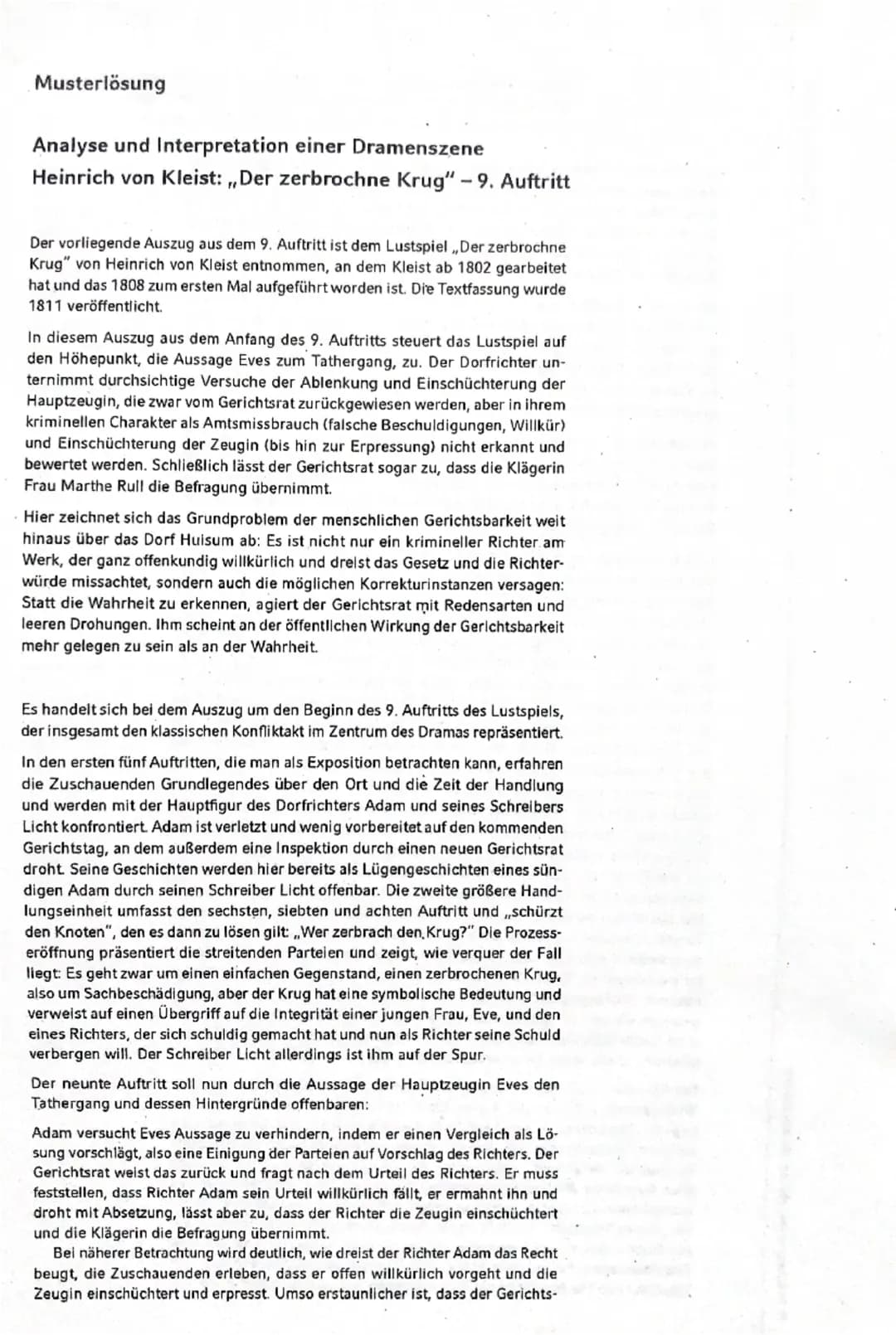 Musterlösung
Analyse und Interpretation einer Dramenszene
Heinrich von Kleist:,,Der zerbrochne Krug" - 9. Auftritt
Der vorliegende Auszug au