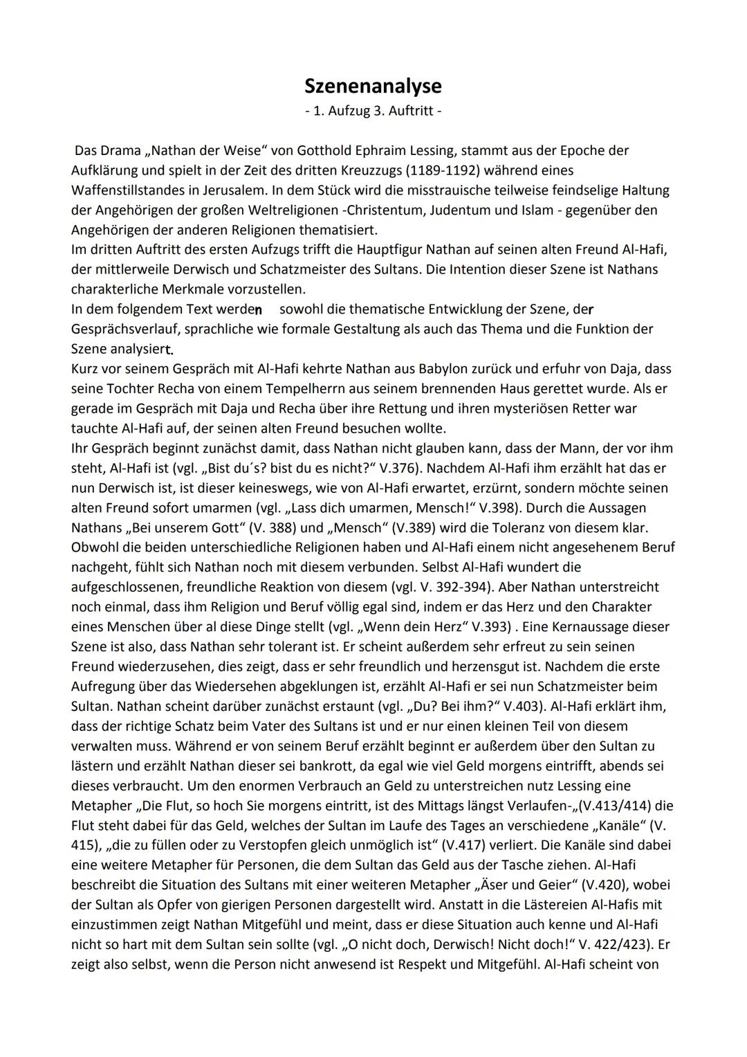 Szenenanalyse
- 1. Aufzug 3. Auftritt -
Das Drama ,,Nathan der Weise" von Gotthold Ephraim Lessing, stammt aus der Epoche der
Aufklärung und