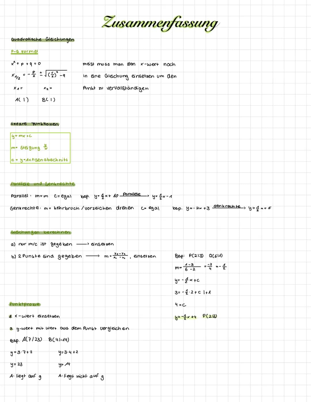 Quadratische Gleichungen
P-Q Formel
x² + p + 9 = 0
X 1/2
X 1 =
=
- — ± √√(²) ²³²-9
+
A(1)
y=mx+c
lineare Funktionen
x2 =
B(1)
me Steigung
c=