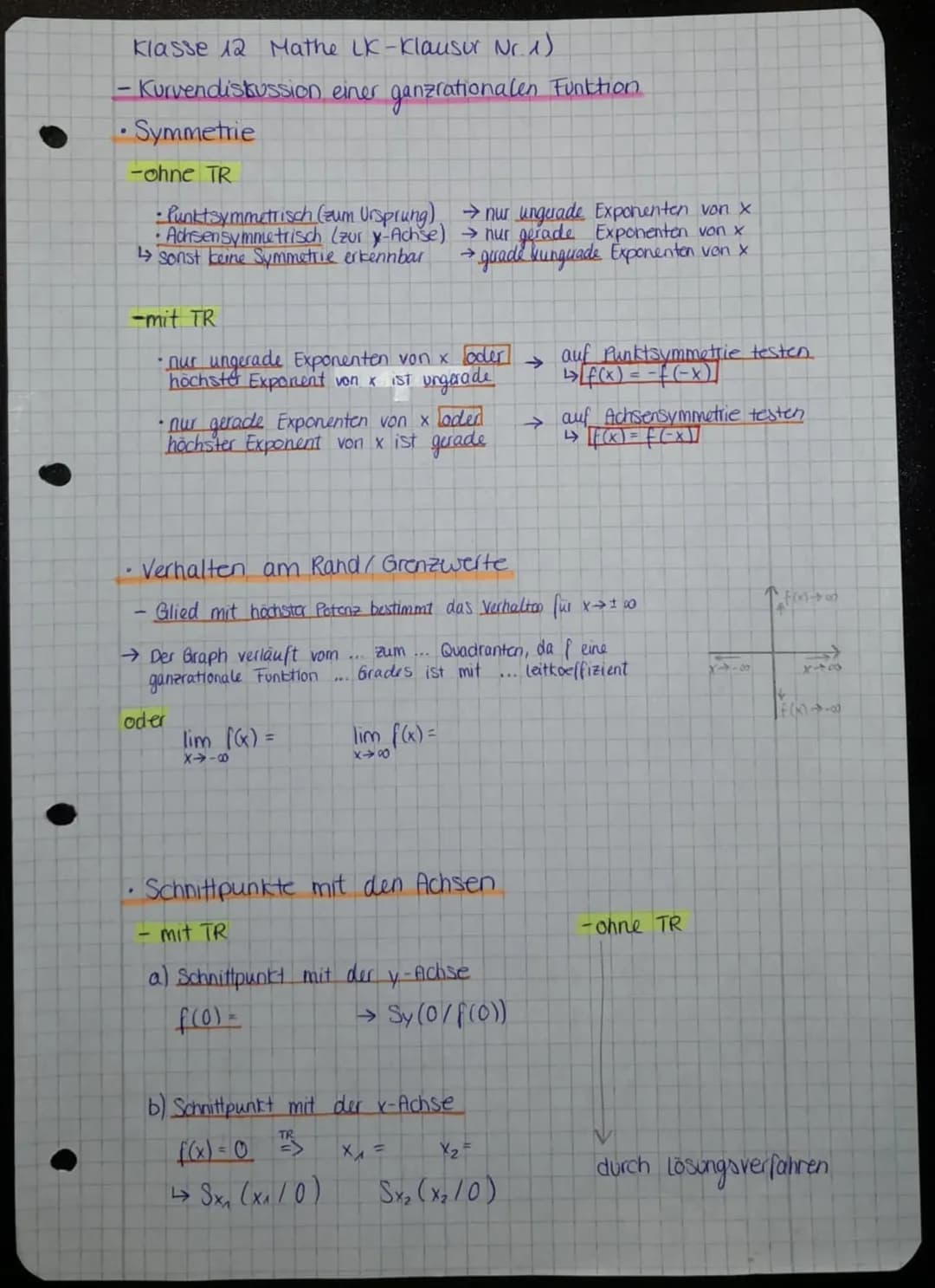 Klasse 12 Mathe LK-Klausur Nr. 1)
- Kurvendiskussion einer ganzrationalen Funktion
.
• Symmetrie
-ohne TR
• Punktsymmetrisch (zum Ursprung) 