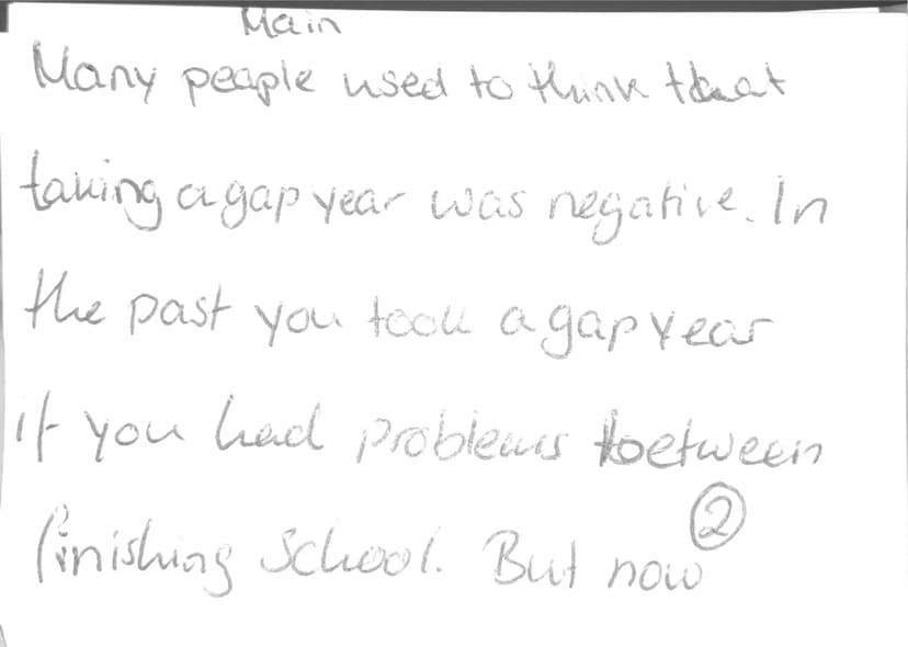 Start
Now days wany teenagers
think about the topic of
taking a gal year after
they graduated from
high school or at any es other time. So w
