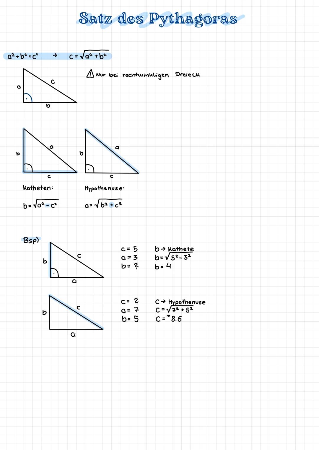 a²+ b²=c²
b
A
Bsp)
Katheten:
b=√√0²-c²
b
с
с
b
c=√√a² + b²
a
Satz des Pythagoras
a
D
с
с
A Nur bei rechtwinkligen Dreieck
с
a
Hypothenuse:
a