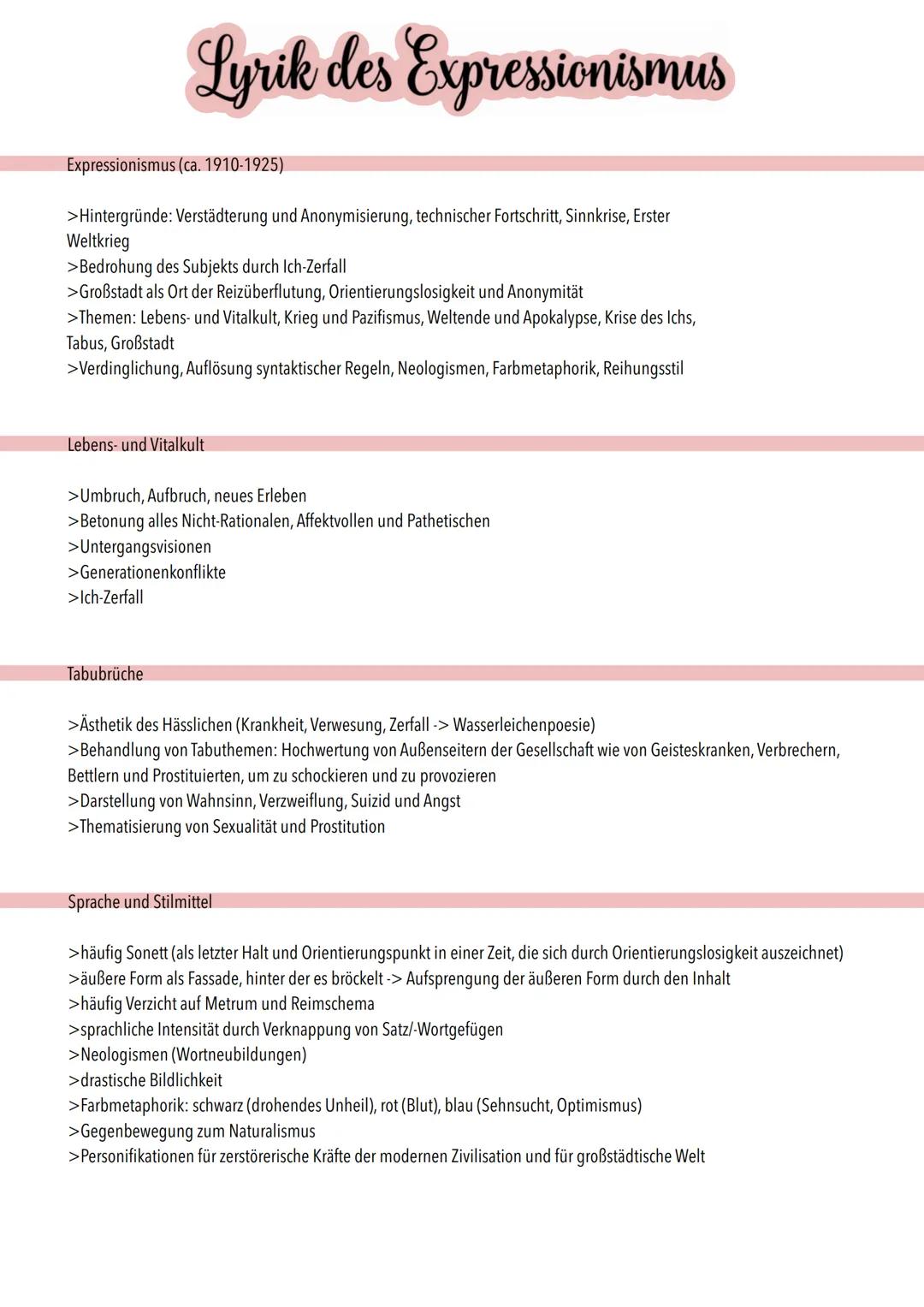 Expressionismus (ca. 1910-1925)
>Hintergründe: Verstädterung und Anonymisierung, technischer Fortschritt, Sinnkrise, Erster
Weltkrieg
>Bedro