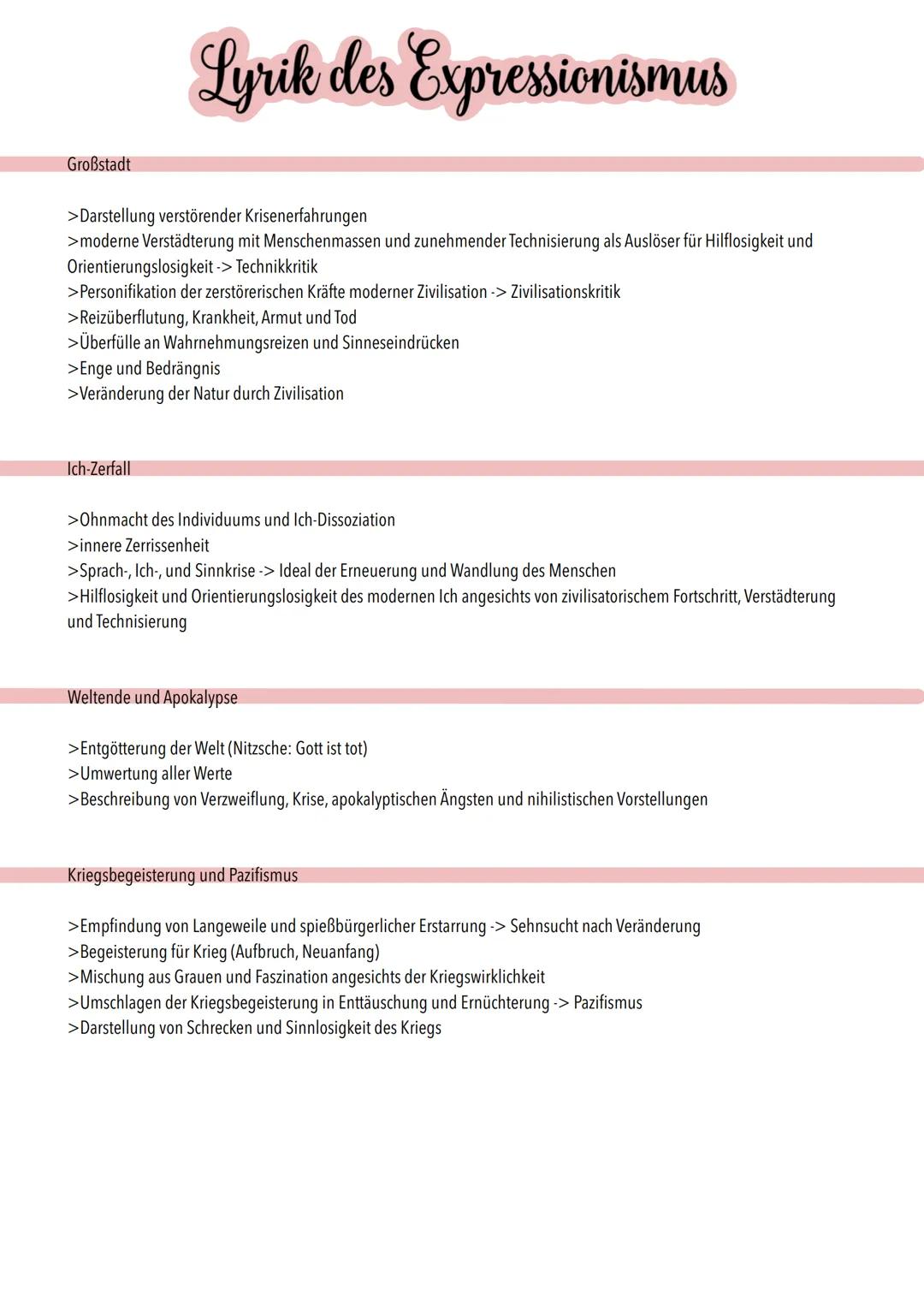 Expressionismus (ca. 1910-1925)
>Hintergründe: Verstädterung und Anonymisierung, technischer Fortschritt, Sinnkrise, Erster
Weltkrieg
>Bedro