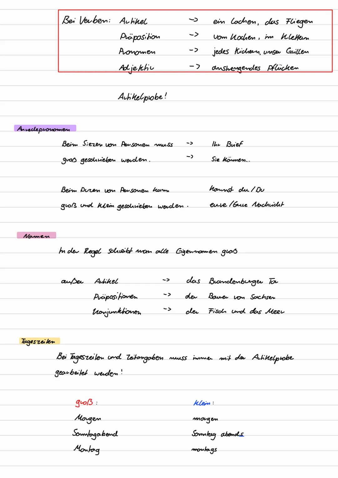 Groß - kleinschreibung
Suffixe
Sind alle Wörter mit Folgenden Grdlungen:
-heit -keit - mis
-tum-Schaft
-ung -im
Artikel-/Pluval probe
-ion
J