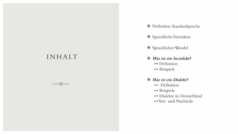 LINGUISTIK
DIALEKTE UND
SOZIOLEKTE
Eine Präsentation von Tabea Grimm
und Lilian Eisele
Deutsch GK INHALT
❖ Definition Standardsprache
Sprach