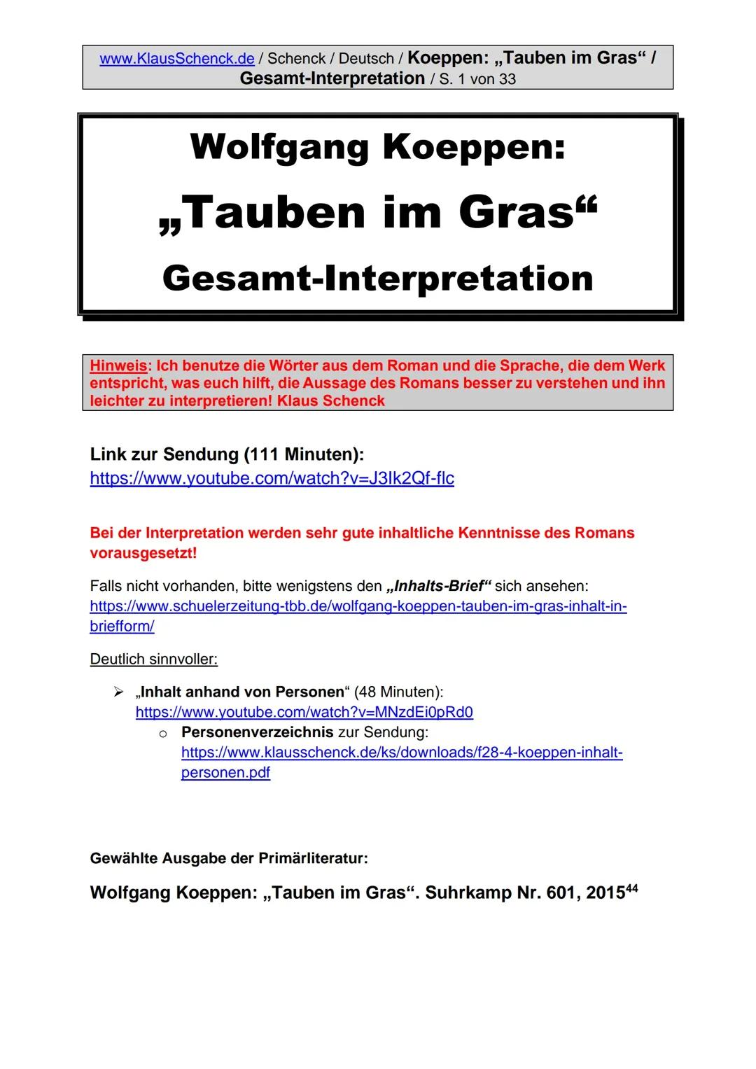 Koeppen: „Tauben im Gras“ (Deutsch-Abi): Gesamt-Interpretation [aktualisierte Links]
