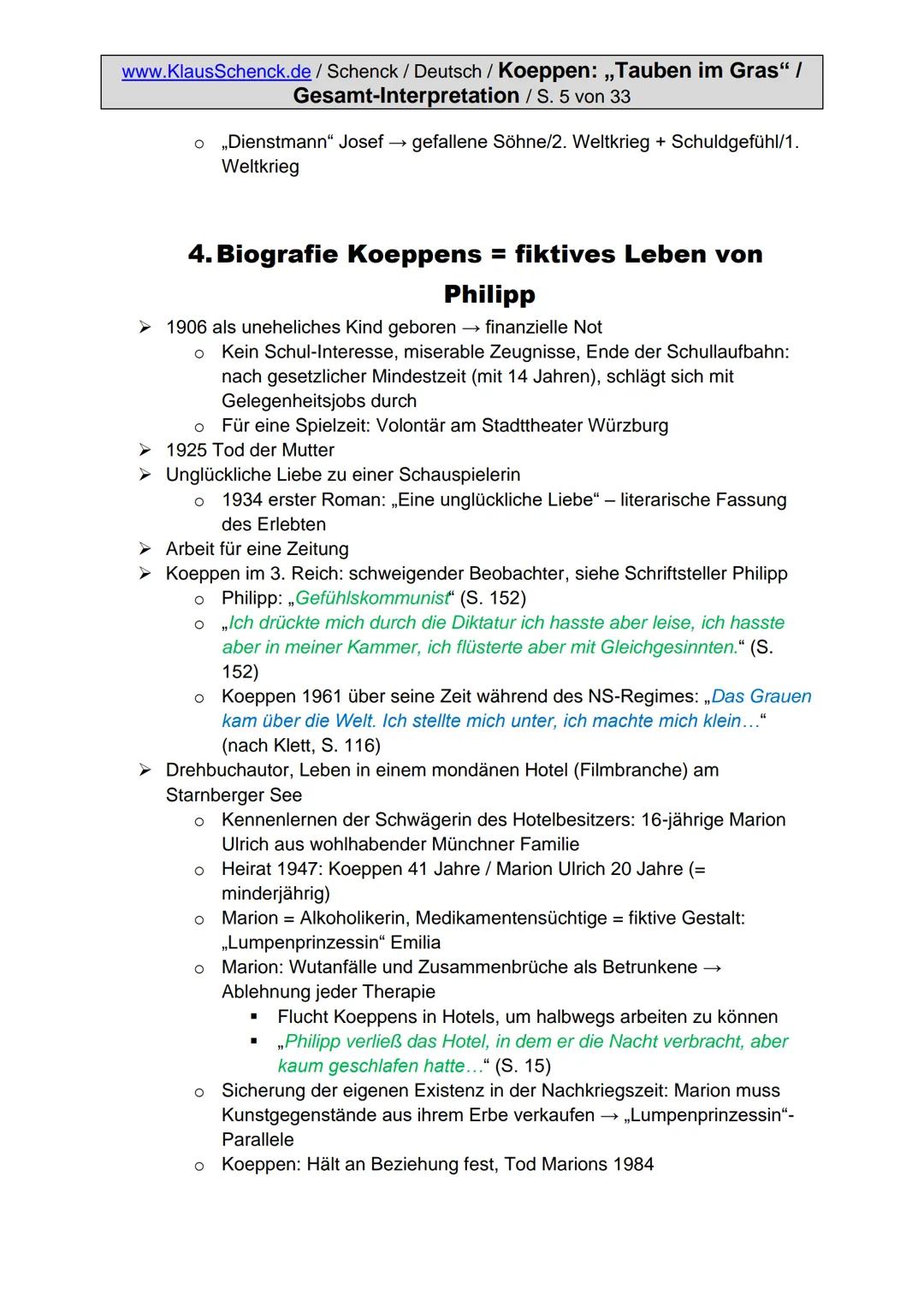www.KlausSchenck.de/ Schenck / Deutsch / Koeppen: ,,Tauben im Gras" /
Gesamt-Interpretation / S. 1 von 33
Wolfgang Koeppen:
,,Tauben im Gras