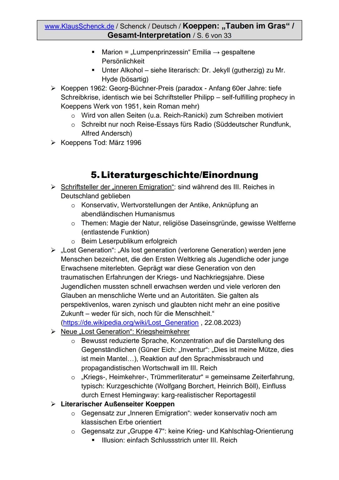 www.KlausSchenck.de/ Schenck / Deutsch / Koeppen: ,,Tauben im Gras" /
Gesamt-Interpretation / S. 1 von 33
Wolfgang Koeppen:
,,Tauben im Gras