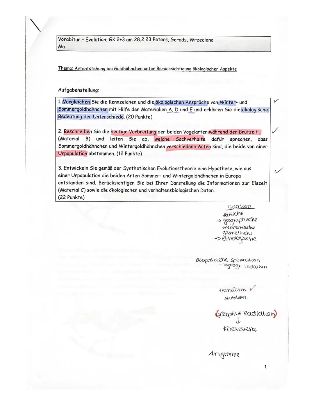 Vorabitur Evolution, GK 2+3 am 28.2.23 Peters, Gerads, Wrzeciono
| Ma
Thema: Artentstehung bei Goldhähnchen unter Berücksichtigung ökologisc