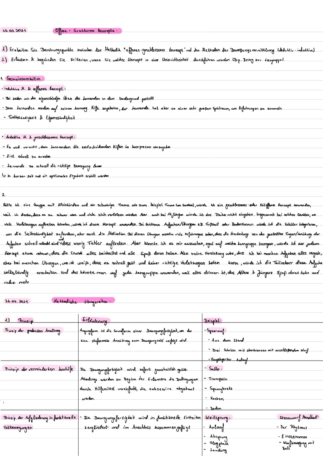25.03.2021
1.) Erabeiten Sie Berührungspunkte zwischen der Methodik "offenes-geschlossenes Konzept und den Methoden der Bewegungs vermittlun