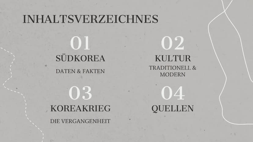 SÜDKOREA UND DER
KOREAKRIEG INHALTSVERZEICHNES
01
SÜDKOREA
DATEN & FAKTEN
03
KOREAKRIEG
DIE VERGANGENHEIT
02
KULTUR
TRADITIONELL &
MODERN
04