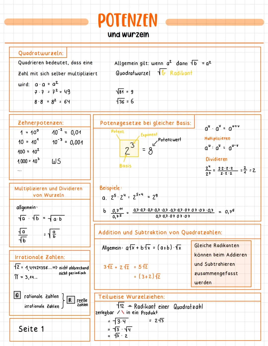 Quadratwurzeln:
Quadrieren bedeutet, dass eine
Zahl mit sich selber multipliziert
wird: a a=a²
7.7 = 7² = 49
8.8=8² = 64
Zehnerpotenzen:
1 =