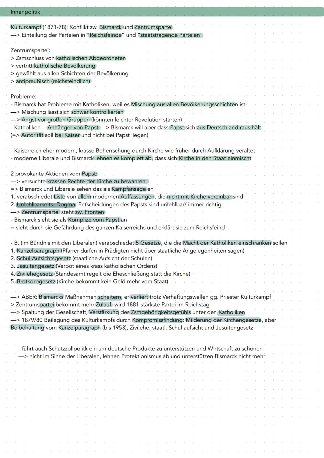 Innenpolitik
Kulturkampf (1871-78): Konflikt zw. Bismarck und Zentrumspartei
-> Einteilung der Parteien in "Reichsfeinde" und "staatstragend
