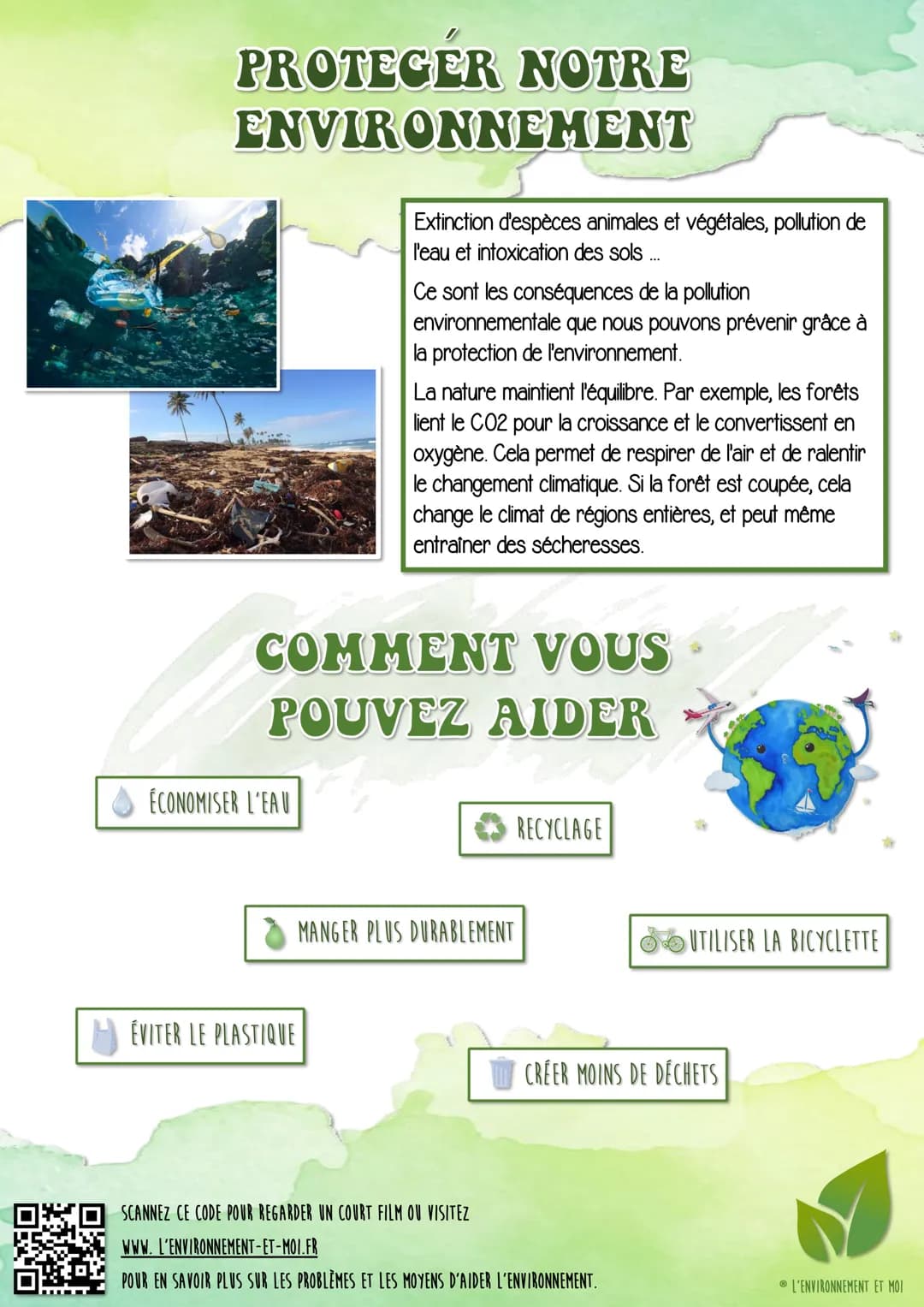 PROTEGER NOTRE
ENVIRONNEMENT
ÉCONOMISER L'EAU
Extinction d'espèces animales et végétales, pollution de
l'eau et intoxication des sols
Ce son