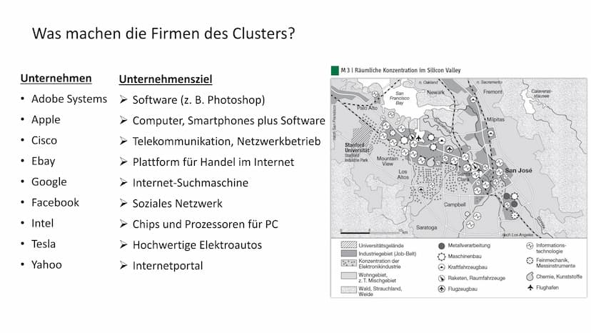 Wirtschaftscluster
Silicon Valley Was machen die Firmen des Clusters?
Unternehmen
Adobe Systems
•
Apple
• Cisco
Ebay
Google
Facebook
• Intel