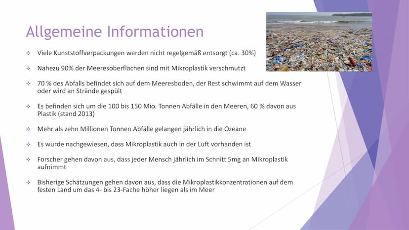 Nachhaltigkeit und
Plastikmüll
Präsentation von Inhaltsübersicht
Allgemeine Informationen über Plastikmüll
Wie gelangt der Müll in die Meere