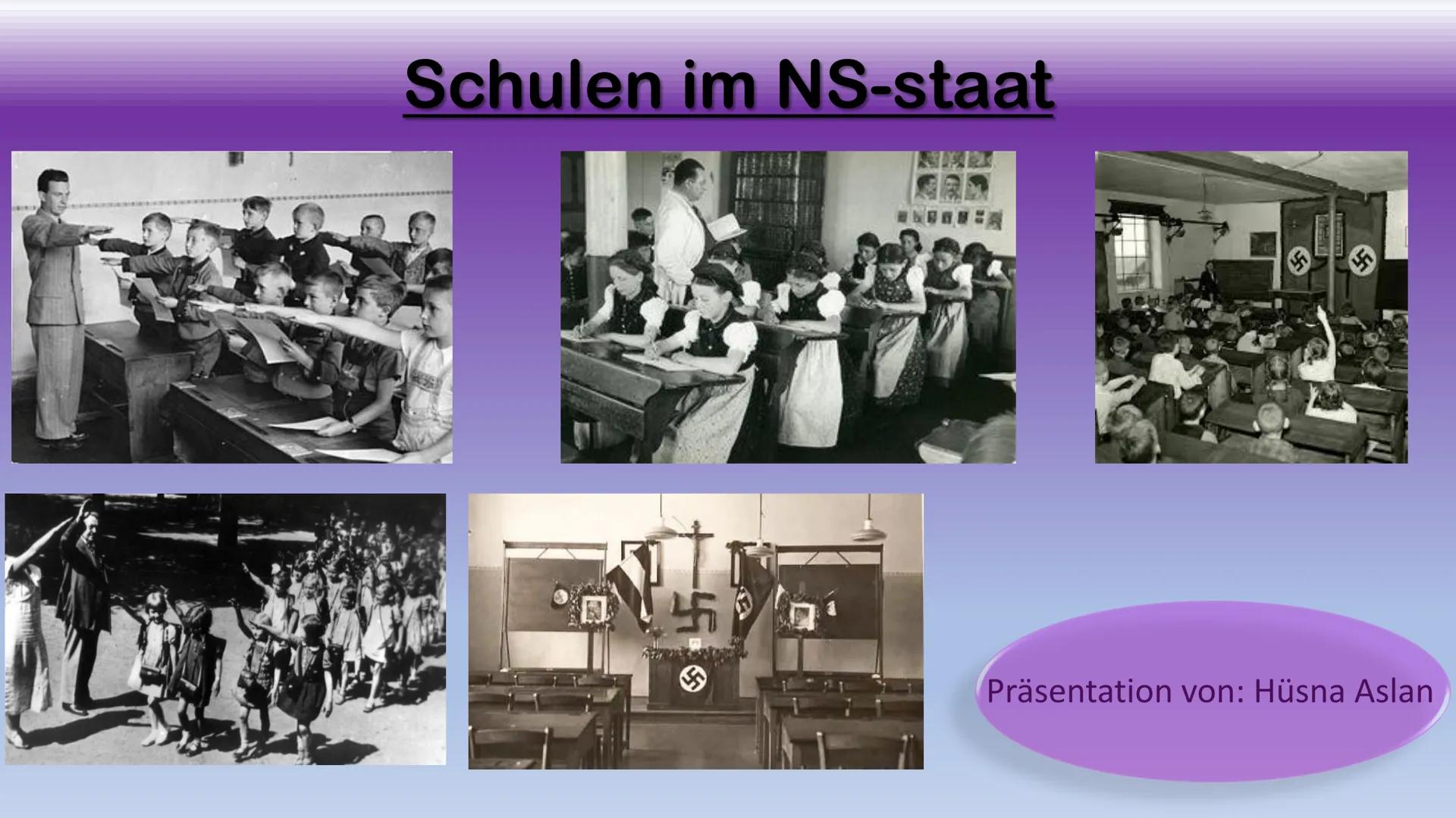 Schulen im NS-staat
道等
F
Präsentation von: Hüsna Aslan NS Erziehungsideale
Gliederung:
Stundenplan /(Unterrichtsinhalte)/Hitlers Ansicht
❖Sä
