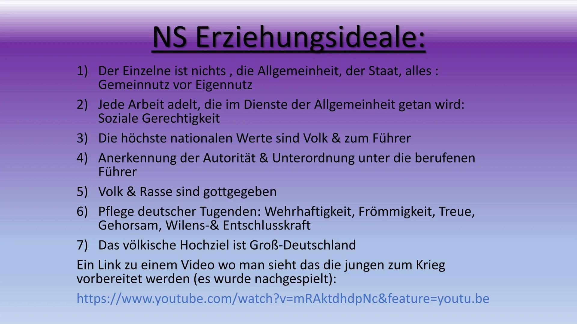 Schulen im NS-staat
道等
F
Präsentation von: Hüsna Aslan NS Erziehungsideale
Gliederung:
Stundenplan /(Unterrichtsinhalte)/Hitlers Ansicht
❖Sä
