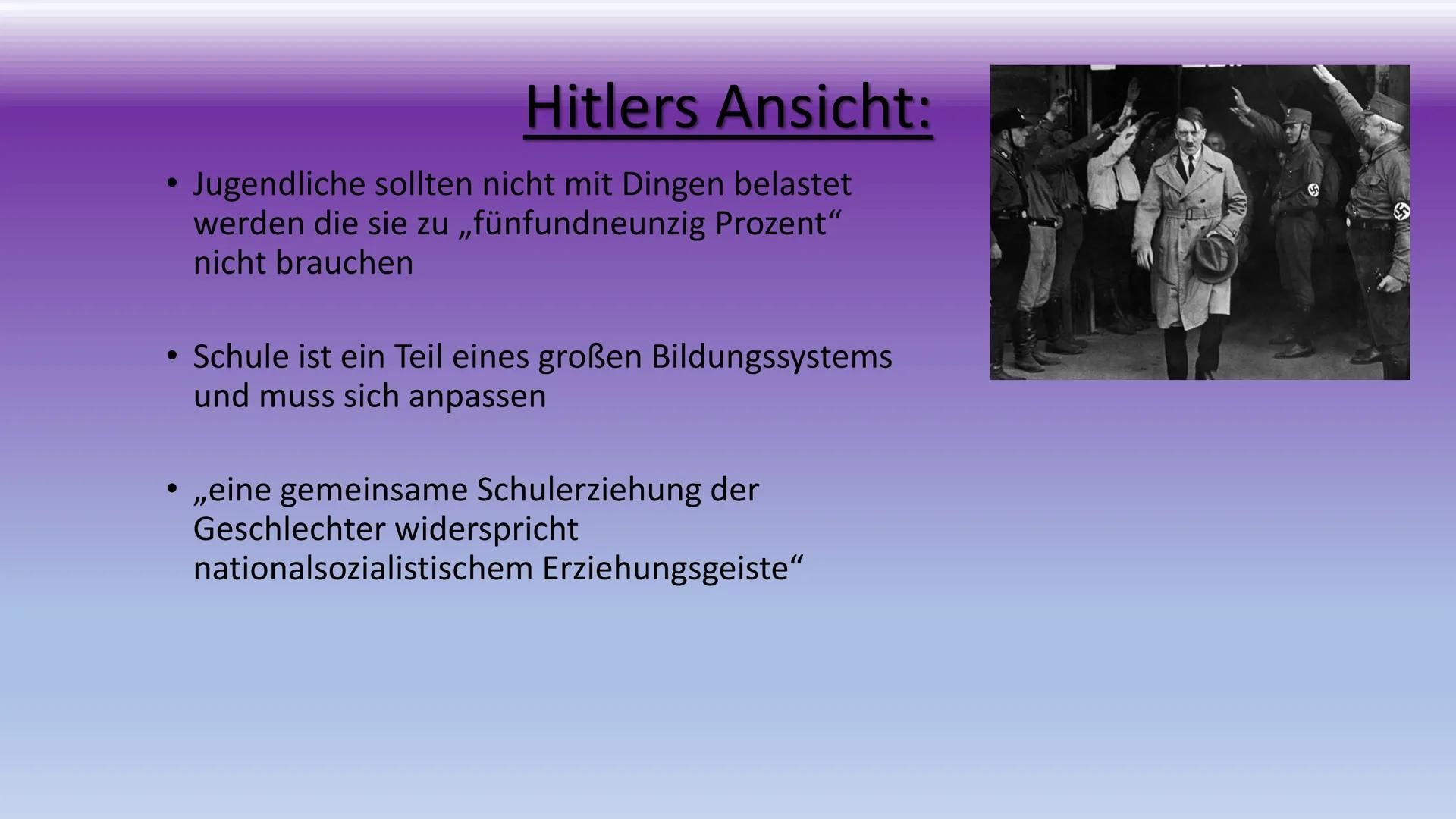 Schulen im NS-staat
道等
F
Präsentation von: Hüsna Aslan NS Erziehungsideale
Gliederung:
Stundenplan /(Unterrichtsinhalte)/Hitlers Ansicht
❖Sä