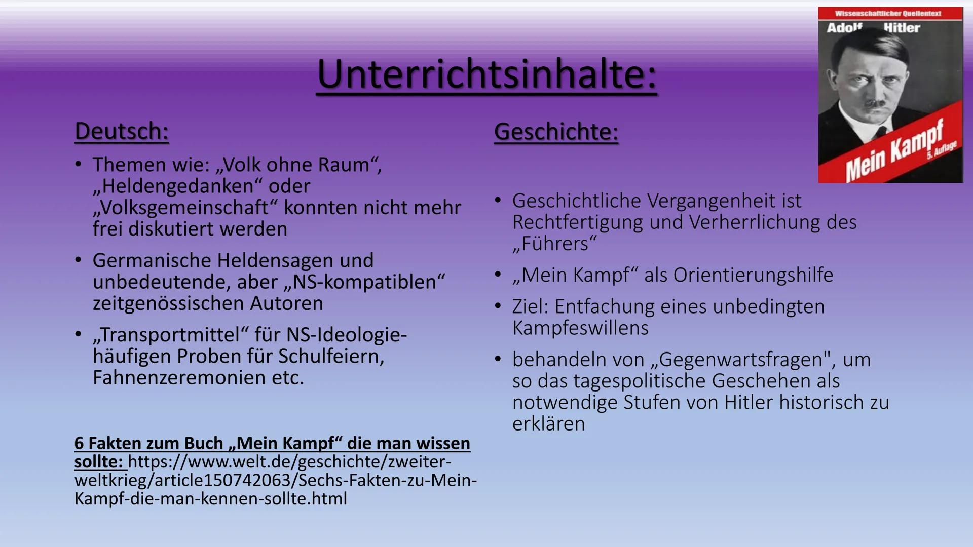 Schulen im NS-staat
道等
F
Präsentation von: Hüsna Aslan NS Erziehungsideale
Gliederung:
Stundenplan /(Unterrichtsinhalte)/Hitlers Ansicht
❖Sä
