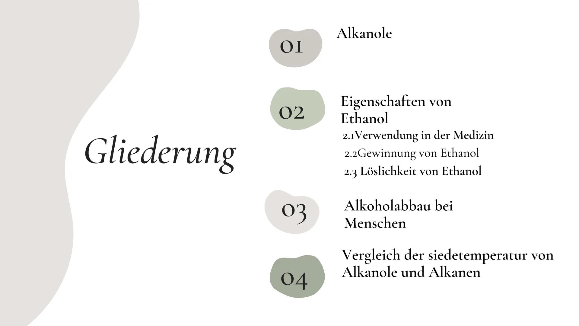 Ethanol als
Trinkalkohol

ETHANOL
90% P.A.
CH$_3$CH$_2$OH

Ethanol

C$_2$H$_6$O ΟΙ

02

Gliederung

Alkanole

03

04

Eigenschaften von
Etha