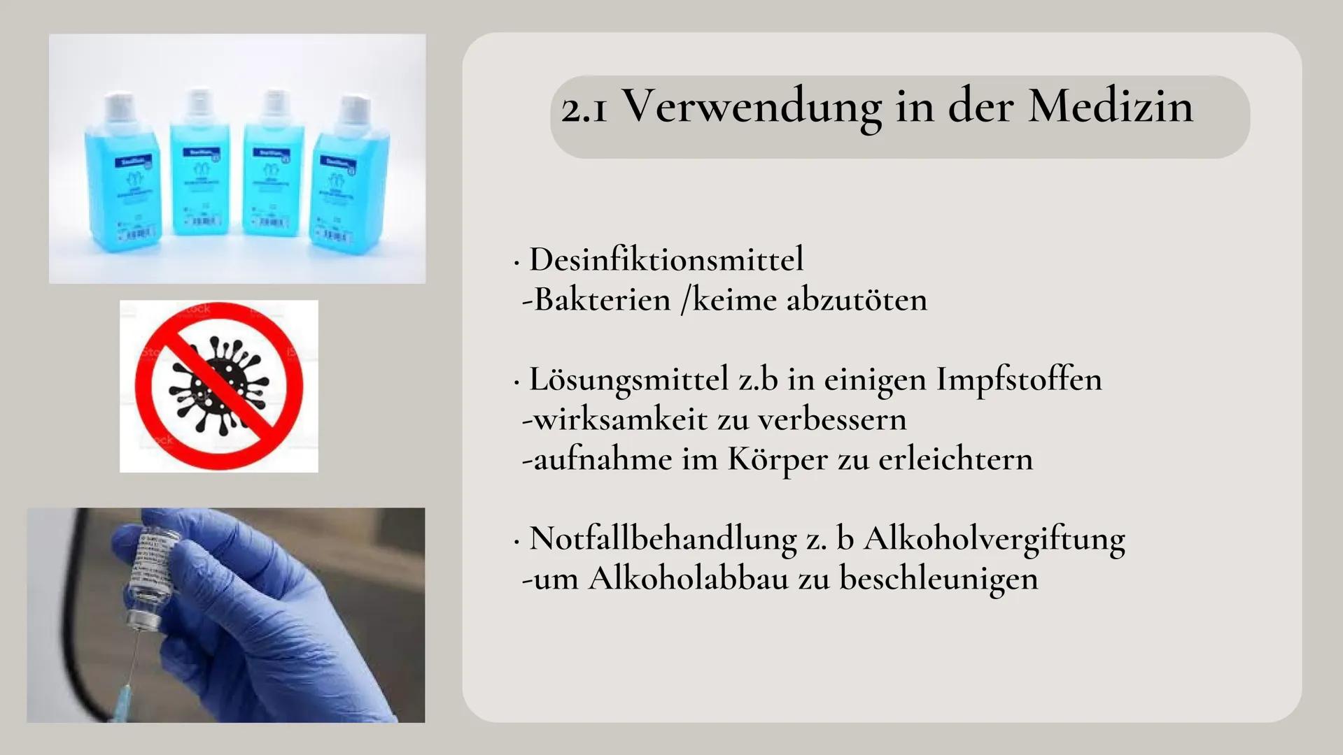 Ethanol als
Trinkalkohol

ETHANOL
90% P.A.
CH$_3$CH$_2$OH

Ethanol

C$_2$H$_6$O ΟΙ

02

Gliederung

Alkanole

03

04

Eigenschaften von
Etha