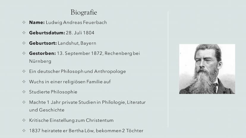Feuerbachs
Projektionstheorie
und Religionskritik
(1804-1872), deutscher
Philosoph Biografie
Inhaltsverzeichnis
Die
Projektionsthese
Feuerba