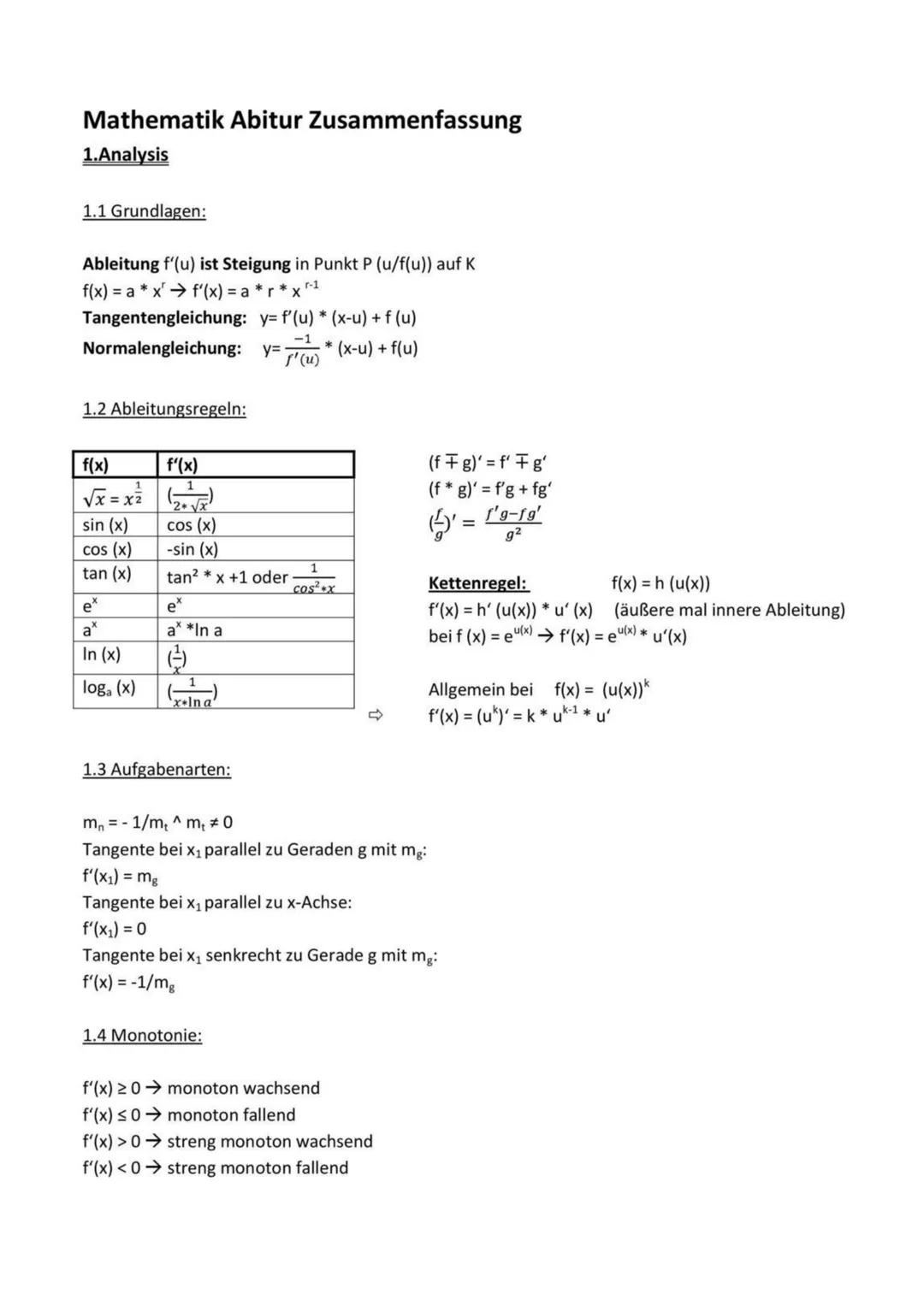 # Mathematik Abitur Zusammenfassung
1.Analysis

1.1 Grundlagen:

Ableitung f'(u) ist Steigung in Punkt P (u/f(u)) auf K
f(x) = a*x f'(x) = a