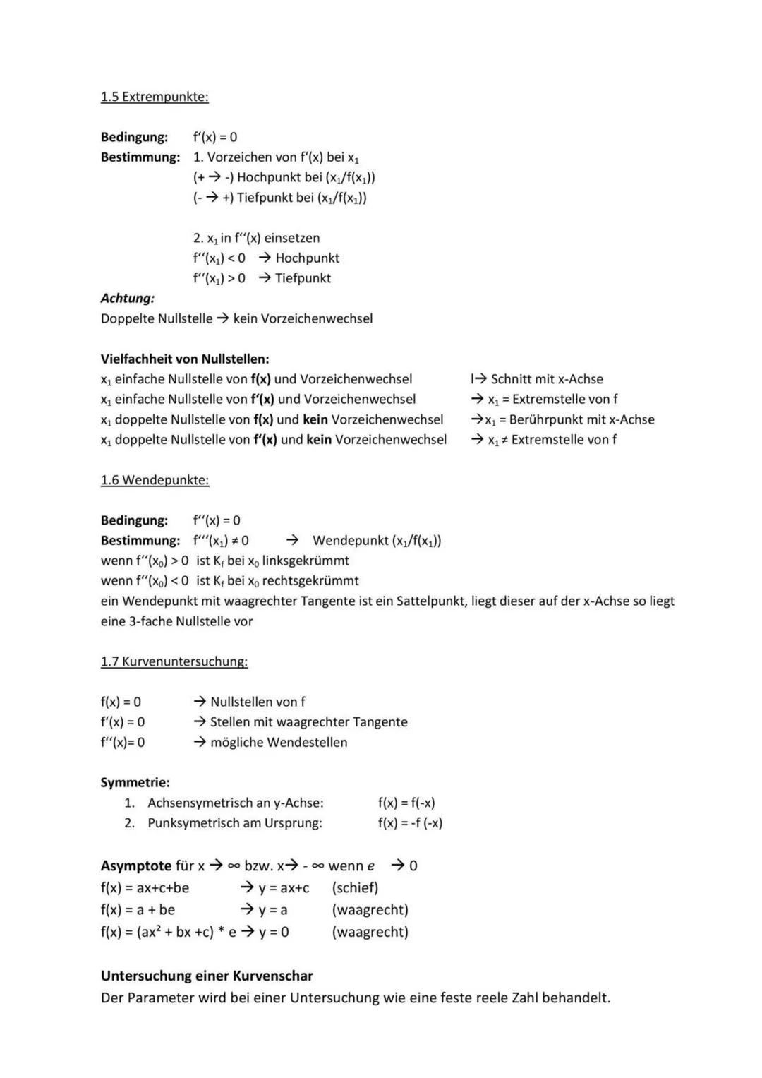 # Mathematik Abitur Zusammenfassung
1.Analysis

1.1 Grundlagen:

Ableitung f'(u) ist Steigung in Punkt P (u/f(u)) auf K
f(x) = a*x f'(x) = a