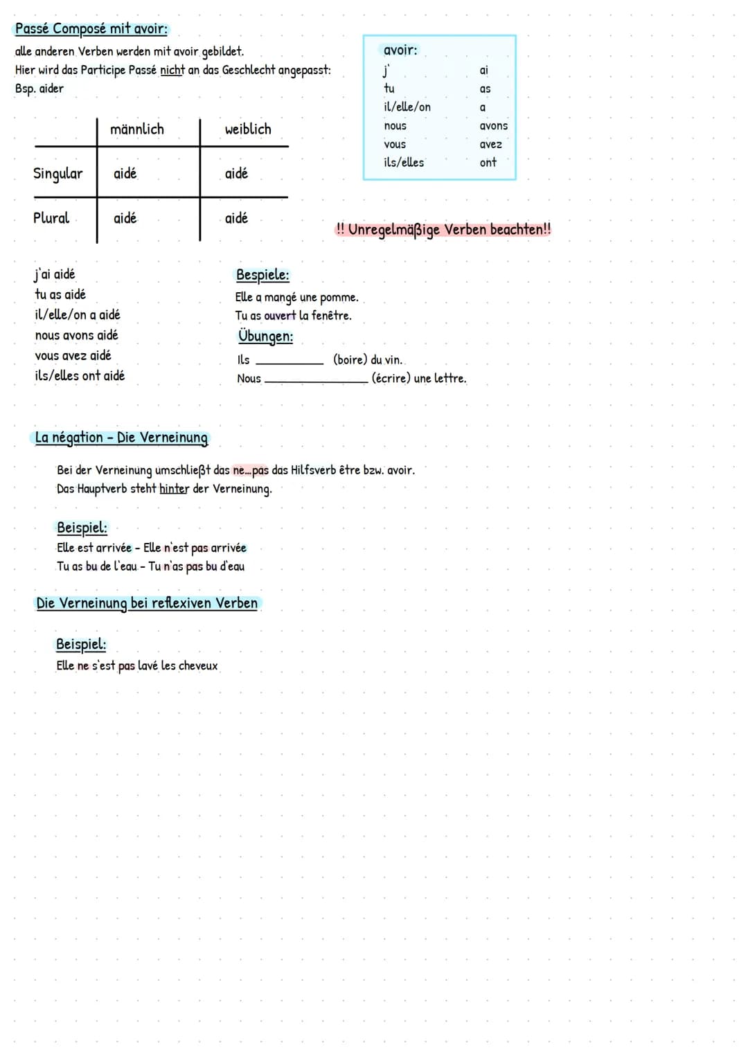 Verwendung:
Bildung:
Das Passé Composé besteht aus einem Hilfsverb (être oder avoir) und einem Hauptverb (participe passé).
Participe Passé: