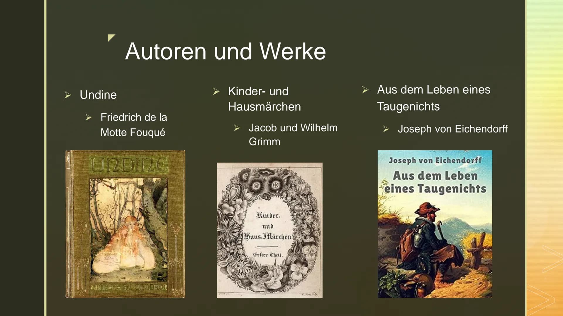 Romantik
Eine Literaturepoche voller
Träume, Fantasien und
Sehnsucht ■
■
■ Phasen
Genre
■
■
Gliederung
Begriffserklärung
Entwicklung
Merkmal