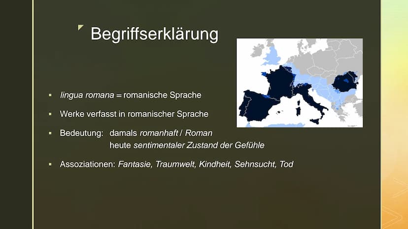 Romantik
Eine Literaturepoche voller
Träume, Fantasien und
Sehnsucht ■
■
■ Phasen
Genre
■
■
Gliederung
Begriffserklärung
Entwicklung
Merkmal