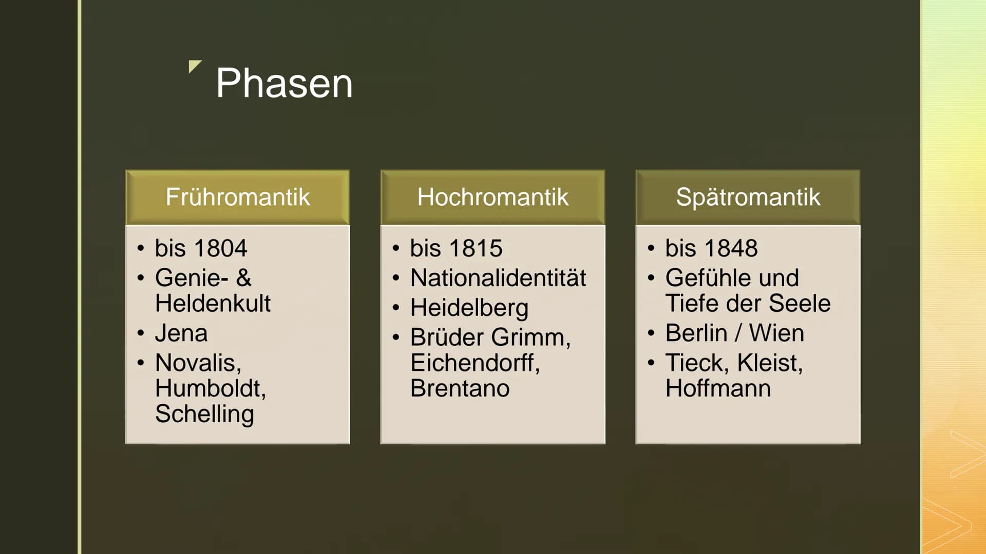 Romantik
Eine Literaturepoche voller
Träume, Fantasien und
Sehnsucht ■
■
■ Phasen
Genre
■
■
Gliederung
Begriffserklärung
Entwicklung
Merkmal