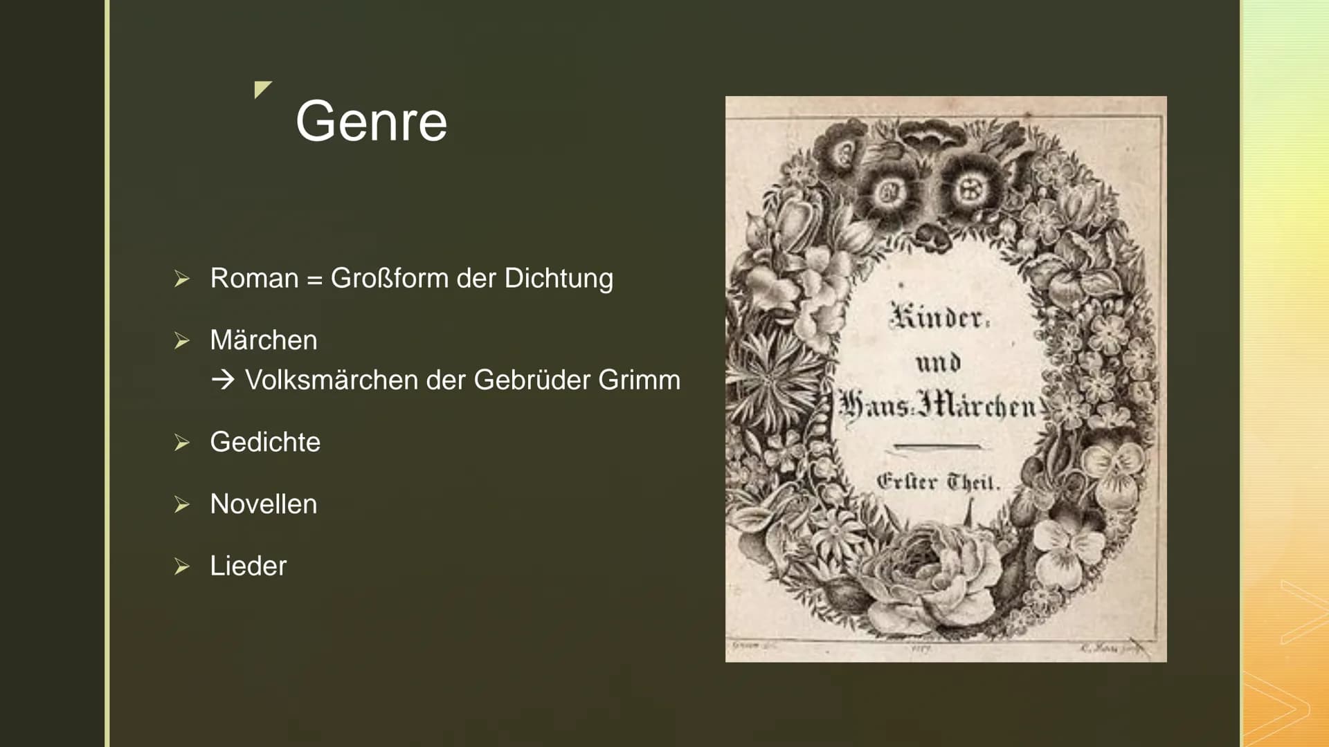 Romantik
Eine Literaturepoche voller
Träume, Fantasien und
Sehnsucht ■
■
■ Phasen
Genre
■
■
Gliederung
Begriffserklärung
Entwicklung
Merkmal