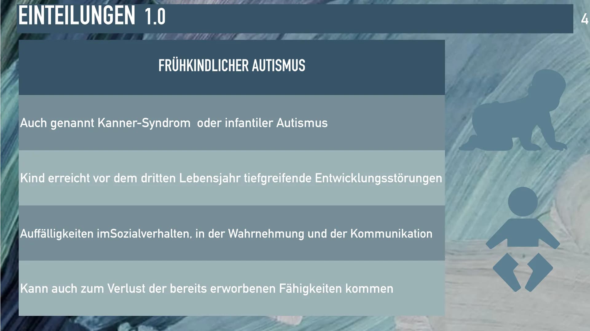 AUTISMUS-SPEKTRUM STÖRUNG
1 GLIEDERUNG
1. Gliederung
2. Warum haben wir dieses
Thema gewählt?
3. Einteilungen
4. Symptome
5. Behandlung
6. V